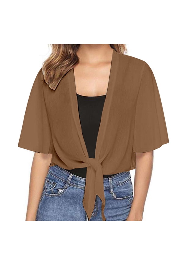 Summer Womens Casual Short Sleeve Thin Chiffon Cardigan Elegant Shoulder Jacket Lightweight Cardigan for Women Brown S