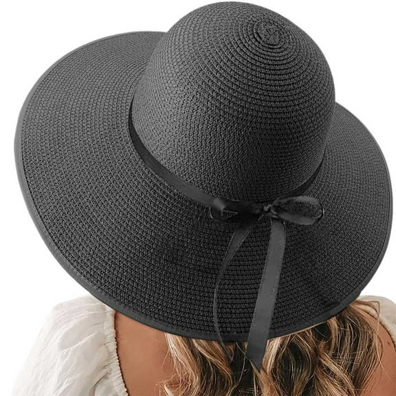 UJNDER Sun Hats Beach Hats for Women Big Straw Wide Brim Summer Hat Floppy Foldable Roll Up Cap Sun Hat Black