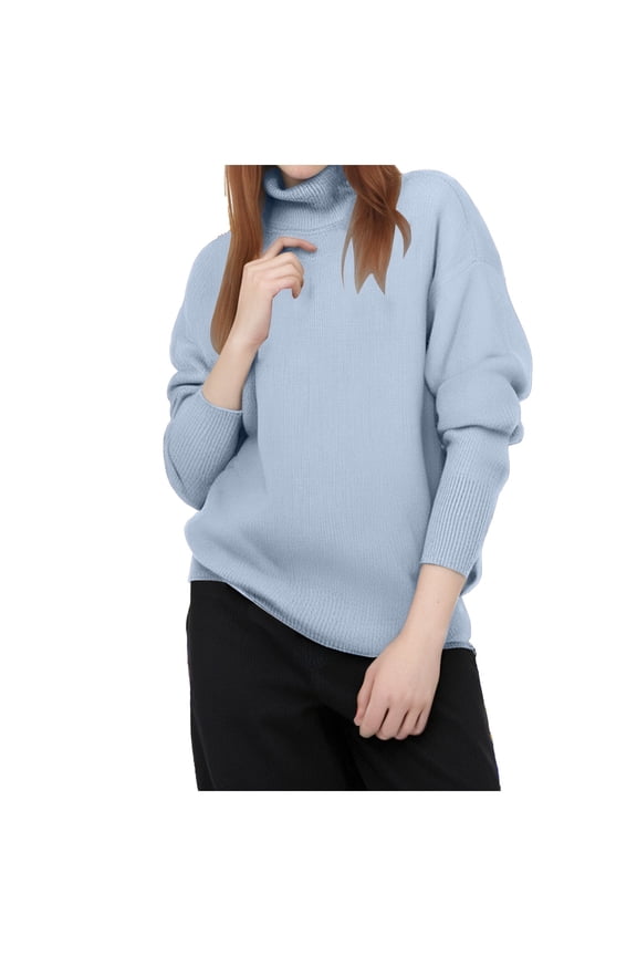Sweater for Women Loose Turtleneck Warm Solid Pullover Knitwear Basic Tops Autumn Winter Blue M