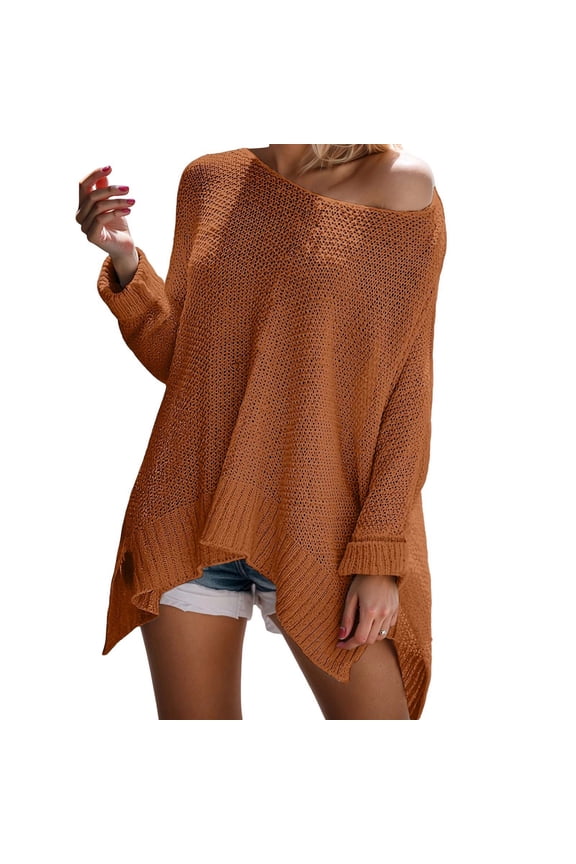 Sweaters Tops for Women Long Sleeve Cold Shoulder Knit Hem Split Loose Pullover Brown XXXXXL