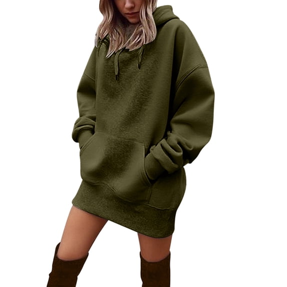 UJNDER Sweatshirt Dress for Women Solid Color Hooded Pocket Pullover Long Sleeve Casual Oversized Army Green M