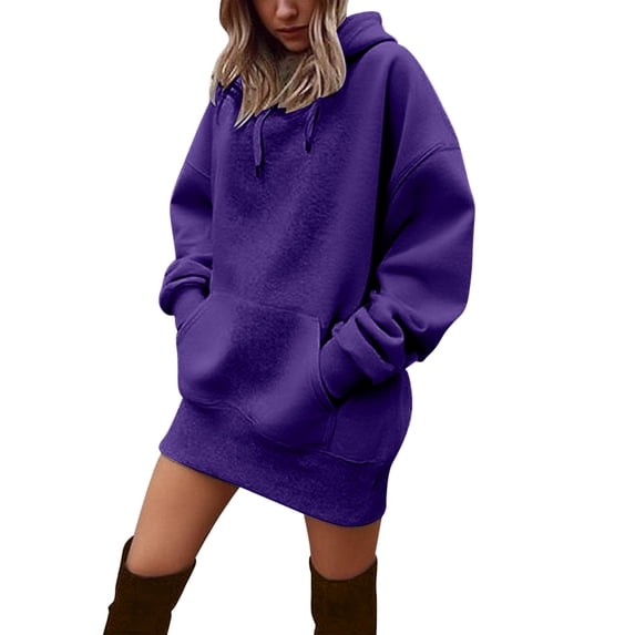 UJNDER Sweatshirt Dress for Women Solid Color Hooded Pocket Pullover Long Sleeve Casual Oversized Purple L