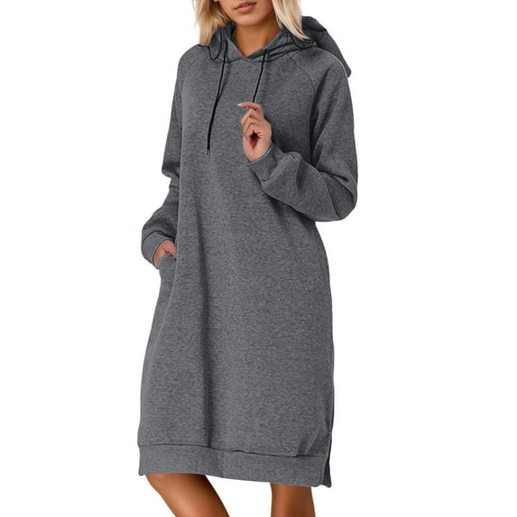UJNDER Sweatshirt Dress for Women Solid Color Hooded Split Hem Pullover Long Sleeve Casual GY2 S
