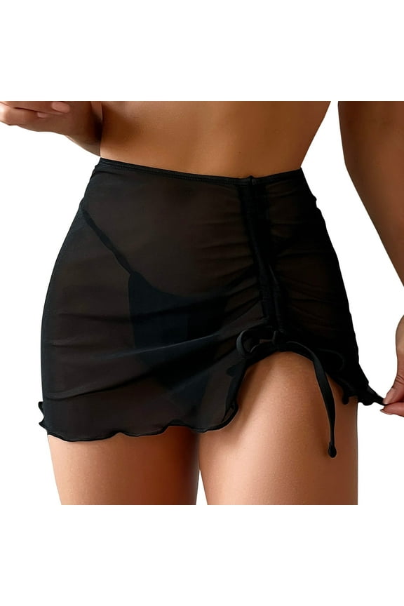 Swim Bottoms for Women Ruffle Trim Mesh Beach Cover up Skirt Drawstring Wrap for Swimwear Sheer Overlay High Waisted Bikini Bottoms Black XXXXL