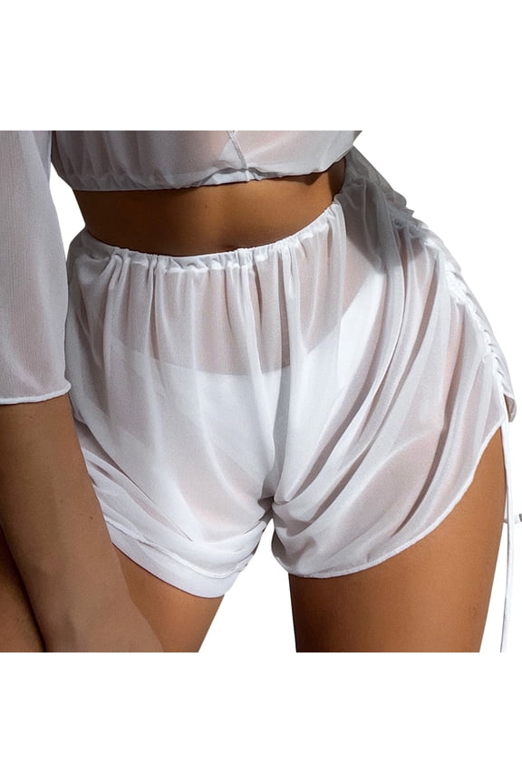 Swim Shorts for Women Ruffle Mesh Beach Wrap Cover up Pants with Drawstring for Swimwear Sheer Layer Swimsuit Bottoms for Women White XXL