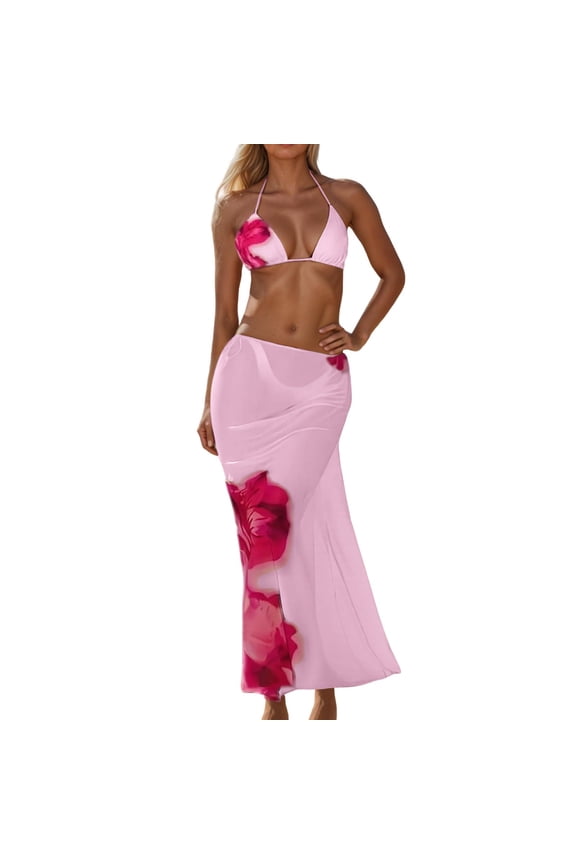 Swimming Suits for Women Women's Triangle Bikini Sets Floral 3 Piece Swimsuit with Backless Top and Tie Side Bottoms Swimsuit for Women Red L