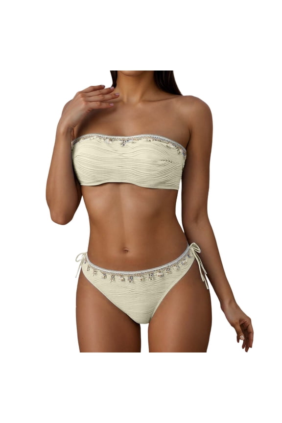 Swimsuit for Women Women's Bikini Set Two Piece Beach Tankini Top with Lace Trim and Summer Swimwear Womens Bathing Suits Beige S