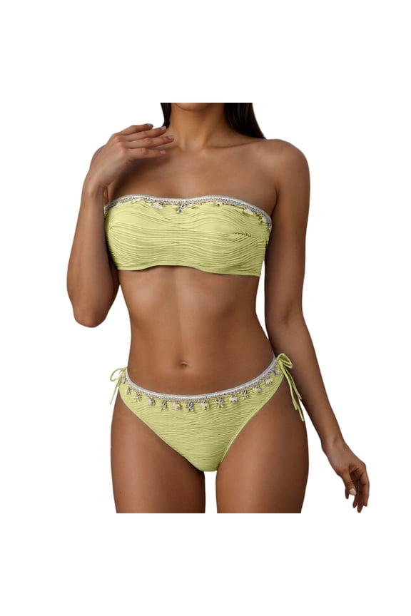 Swimsuit for Women Women's Bikini Set Two Piece Beach Tankini Top with Lace Trim and Summer Swimwear Womens Bathing Suits Yellow S