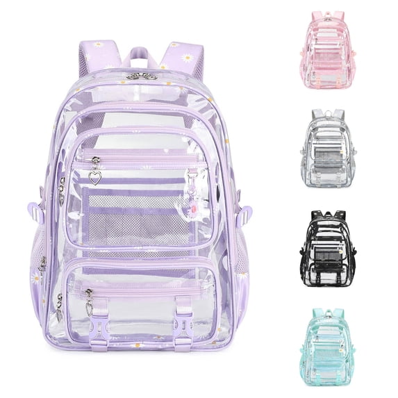UJNDER Teen Girls Large Capacity Transparent Water-resistant Backpack Lightweight Double Shoulder Design for School Daily Use,Purple,Large