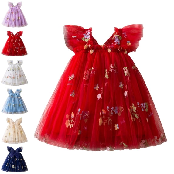 UJNDER Toddler Girls Party Dress Sleeveless Embroidered Flowers with Wing Tie Holiday Dance Tutu Clothes Short Summer Dress Red,6-12 Months