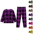 thumbnail image 1 of UJNDER Toddler Kids Plaid Striped Print Round Neck Long Sleeve Top and Pants Loungewear Pajama Set for Baby Boys Girls Kids Pajamas,Dark Purple,8-9 Years, 1 of 3