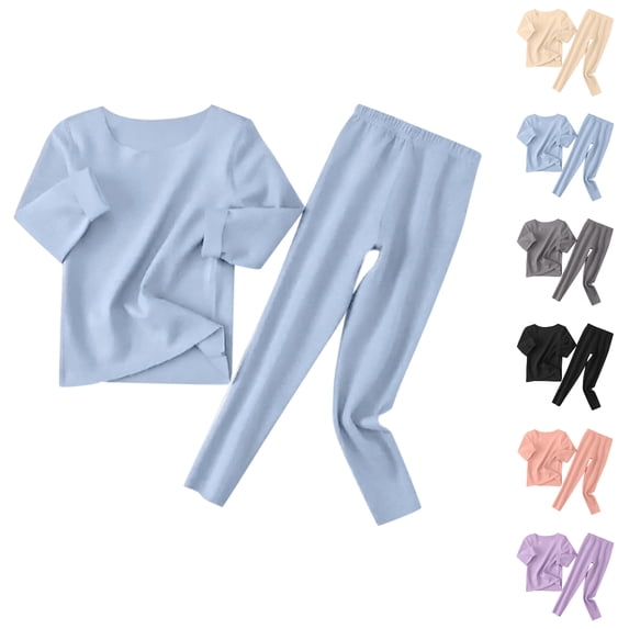 UJNDER Toddler Kids Solid Color Round Neck Long Sleeve Top and Pants Thermal Loungewear Pajama Set for Baby Boys Girls 1-12Y Kids Pajamas,Blue,3-4 Years