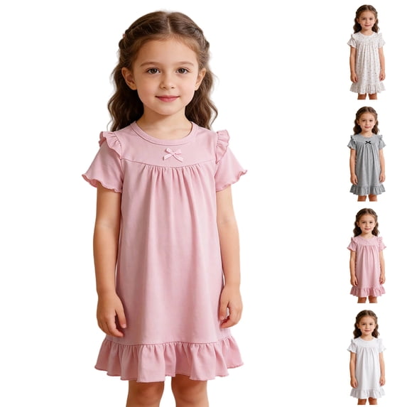 UJNDER Toddler Little Girl Summer Breathable Short Sleeve Round Neck Solid Color Nightgown Dress for Home Kids Pajamas Girls,Pink,3-4 Years