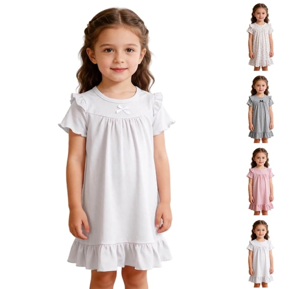 UJNDER Toddler Little Girl Summer Breathable Short Sleeve Round Neck Solid Color Nightgown Dress for Home Kids Pajamas Girls,White,1-2 Years