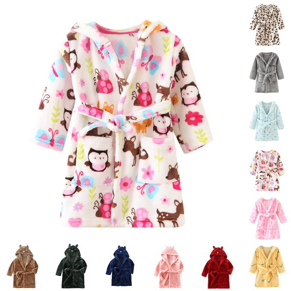 UJNDER Toddler Long Sleeve Thick Cartoon Printed Hooded Flannel Bathrobe Pajamas for Boys Girls 1-6 Y Toddler Robe,01_Multicolor,5-6 Years