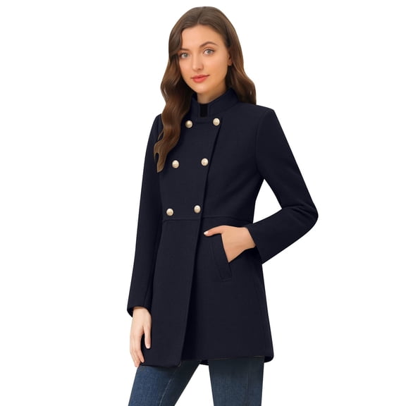 UJNDER Trench Coat Women Elegant Winter Double Stand Collar Slim Fit Long Sleeve Overcoat Fashionable Navy XS
