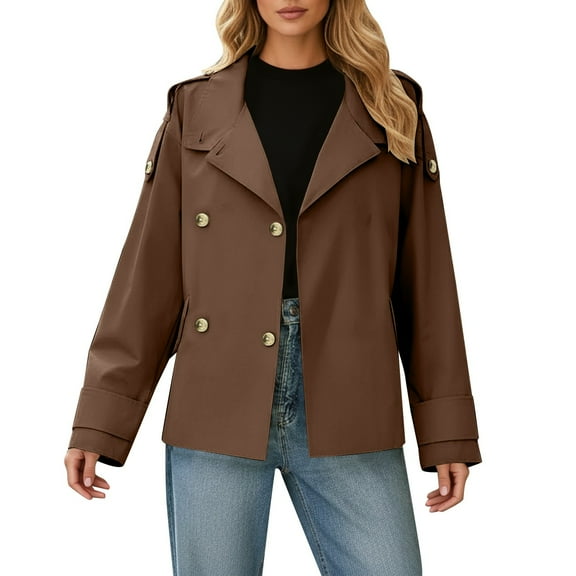 UJNDER Trench Coat Women Plus Size Short Double Jacket with Stand Collar Casual Fall Work Outerwear Coffee M