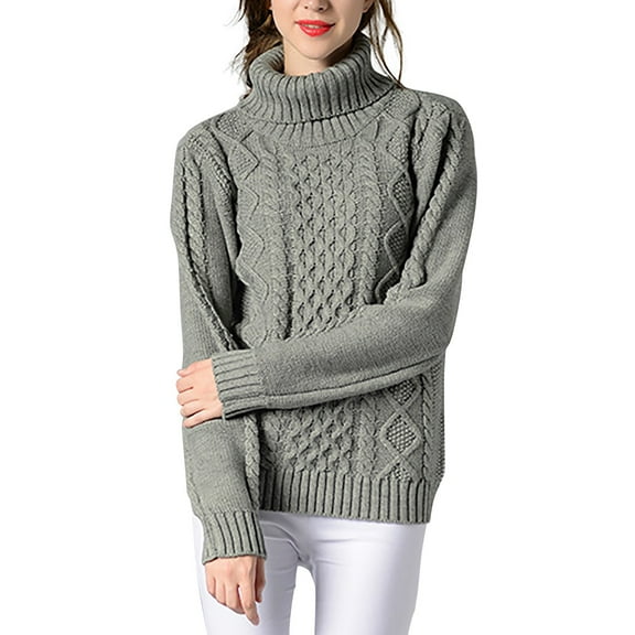 UJNDER Turtleneck Solid Color Knit Sweater for Women Long Sleeve Cable Floral Bottoming Pullover Grey M