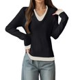 thumbnail image 1 of UJNDER Two Tone Collar Pullover Sweater Long Sleeve Knitted Top Lined Layering Shirt Black One Size, 1 of 4