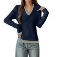 thumbnail image 1 of UJNDER Two Tone Collar Pullover Sweater Long Sleeve Knitted Top Lined Layering Shirt Blue One Size, 1 of 4
