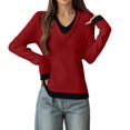 thumbnail image 1 of UJNDER Two Tone Collar Pullover Sweater Long Sleeve Knitted Top Lined Layering Shirt Red One Size, 1 of 4