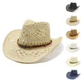 thumbnail image 1 of UJNDER Unisex Handwoven Straw Cowboy Hat Hollowed Out Summer Sun Protection Western Style Shapeable Sun Hat Summer Hats Beige_001,One Size, 1 of 4