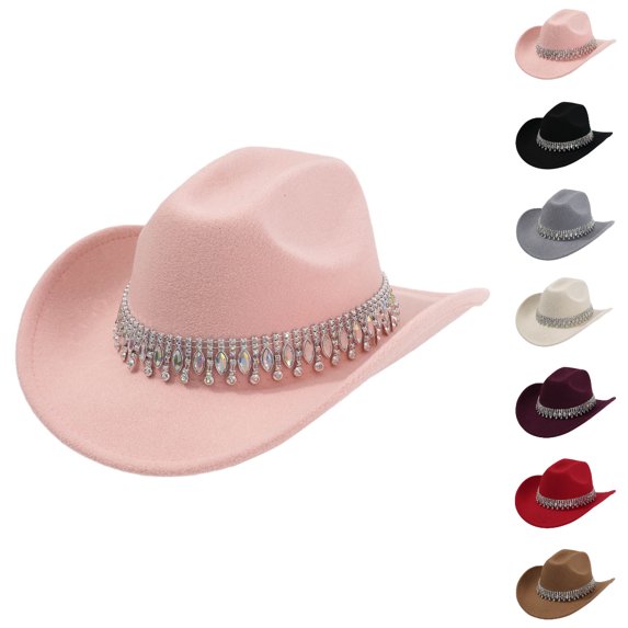 UJNDER Unisex Stylish Cowboy Hat Western Elegant Jazz Hat with Fringe Rhinestone Decorations for Casual and Party Wear Cowboy Hat Women 02_Pink,One Size