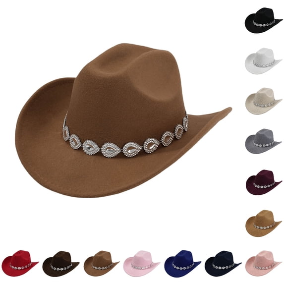 UJNDER Unisex Western Cowboy Hat Style with Metal Drops Gemstone Net Design Chain for Parties Fashion Events Mens Cowboy Hat 03_Brown,One Size