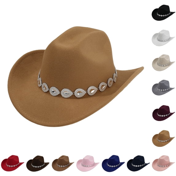 UJNDER Unisex Western Cowboy Hat Style with Metal Drops Gemstone Net Design Chain for Parties Fashion Events Mens Cowboy Hat 03_Khaki,One Size