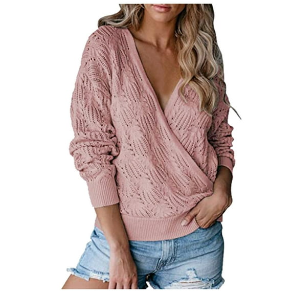 UJNDER V Neck Knitted Ribbed Pullover Sweater for Women Long Sleeve Solid Color Autumn Soft Pink XXL