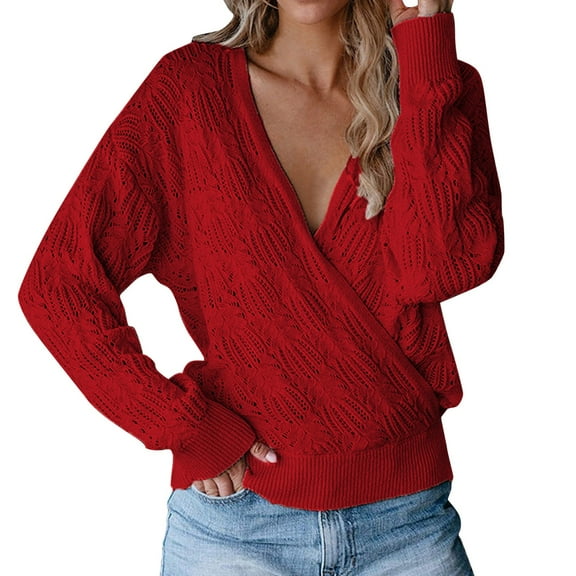 UJNDER V Neck Knitted Ribbed Pullover Sweater for Women Long Sleeve Solid Color Autumn Soft Red M