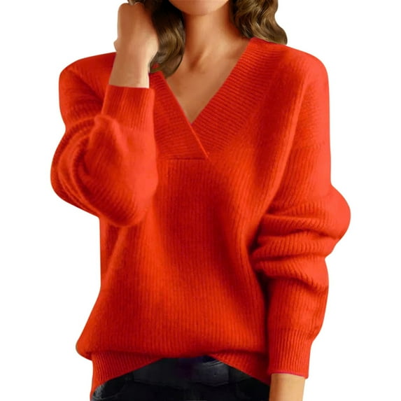 UJNDER V Neck Solid Color Knit Sweater Pullover for Women Casual Top Everyday Wear Orange L