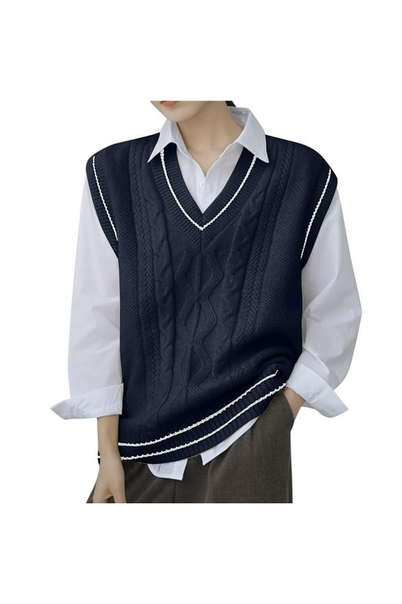 V Neck Sweater Vest for Women Oversized Sleeveless Loose Knit Tops Cable Knit Style Navy One Size