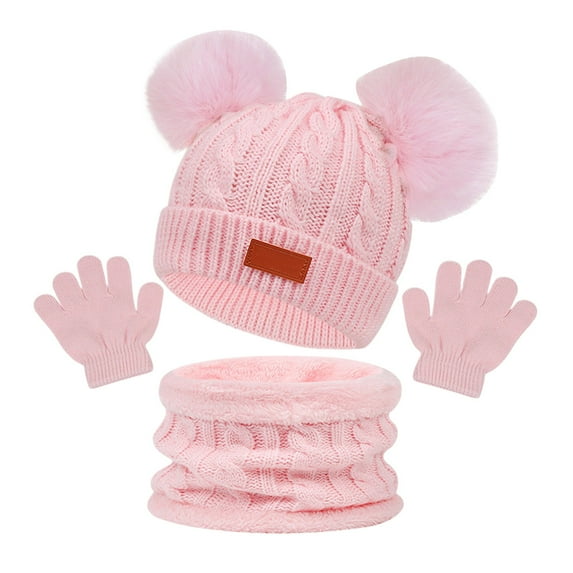 UJNDER Warm Children's Hat Scarf and Gloves Set for Autumn and Winter Featuring Two Baby Hats in Colors Light Pink