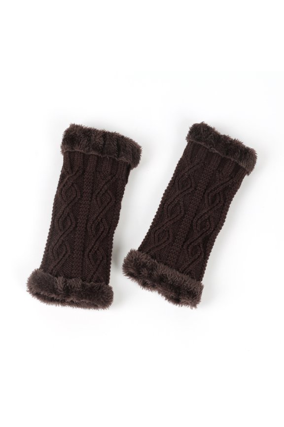 Warm Short Length Thick Fingerless Knit Gloves With Pattern Fleece Hand Socks Coffee