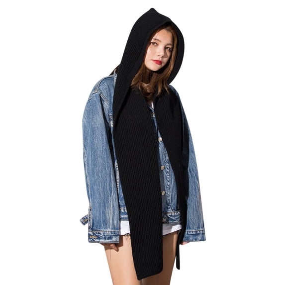 UJNDER Warm Thick Knit Hooded Scarf Set Winter Melon Cap Stretchable Athletic Hats for Women Solid Black