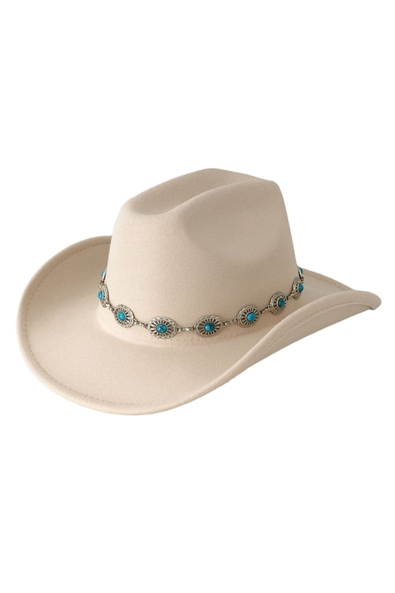 Western Cowboy Hat for Men and Women Turquoise Bohemian Wide Brim Design Party Hat with Chain Fashionable Unisex Accessory Beige