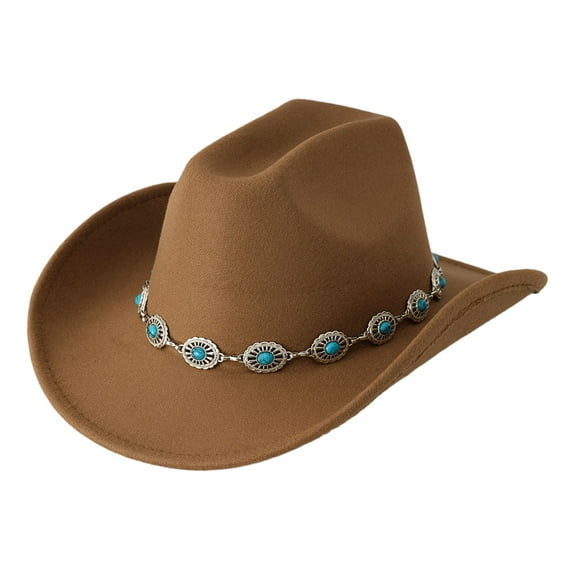 UJNDER Western Cowboy Hat for Men and Women Turquoise Bohemian Wide Brim Design Party Hat with Chain Fashionable Unisex Accessory Brown