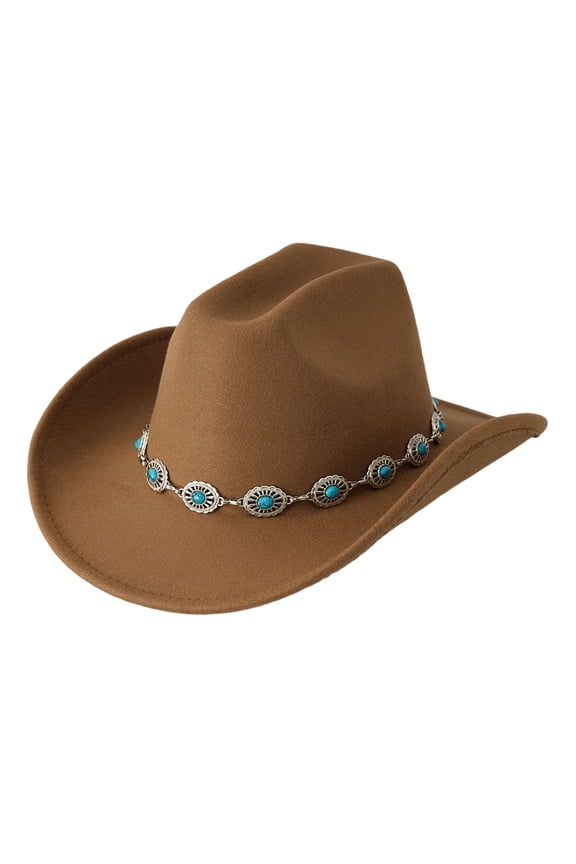 Western Cowboy Hat for Men and Women Turquoise Bohemian Wide Brim Design Party Hat with Chain Fashionable Unisex Accessory Brown