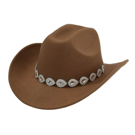 UJNDER Western Cowboy Hat for Men and Women with Metal Drops Gemstone Net Design Chain Ideal for Fashion Events and Parties Brown