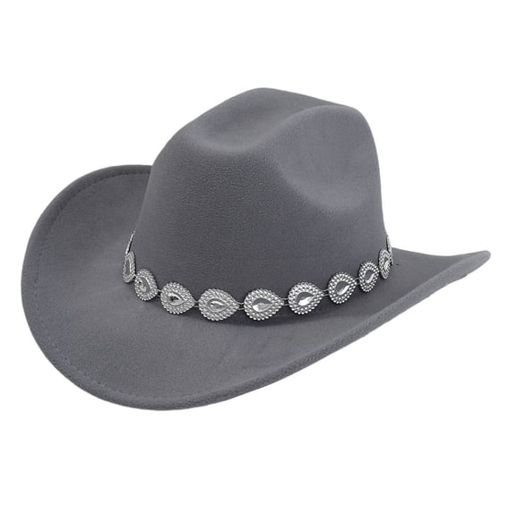 UJNDER Western Cowboy Hat for Men and Women with Metal Drops Gemstone Net Design Chain Ideal for Fashion Events and Parties Grey
