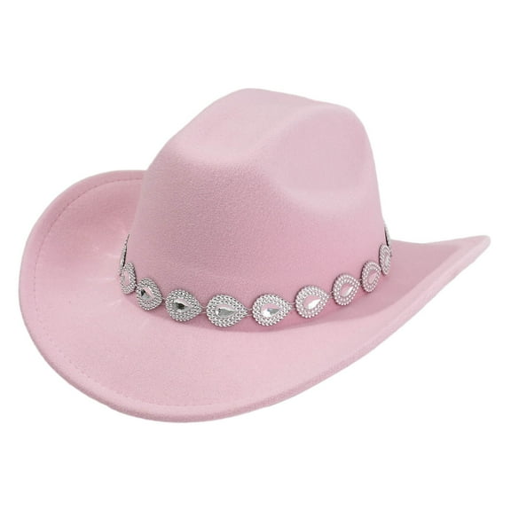 UJNDER Western Cowboy Hat for Men and Women with Metal Drops Gemstone Net Design Chain Ideal for Fashion Events and Parties Pink