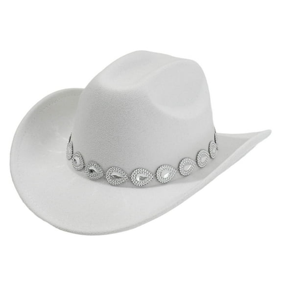 UJNDER Western Cowboy Hat for Men and Women with Metal Drops Gemstone Net Design Chain Ideal for Fashion Events and Parties White