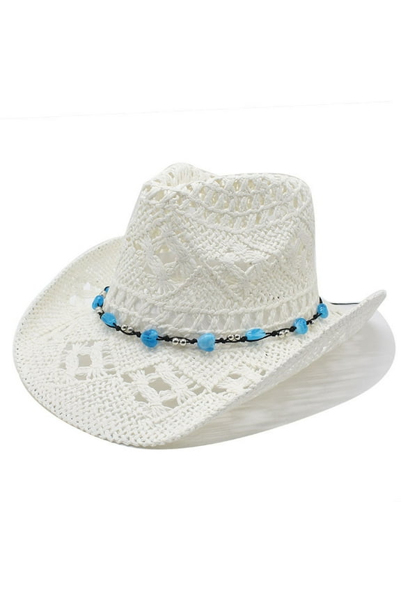 Western Cowboy Hats for Summer Shapeable Straw Sun Hat Hollow Out Design for Men Women Outdoor Activities Casual Wear 04-White