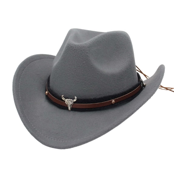 UJNDER Western Cowboy Style Hat with Jazz Bowler Design Featuring Cow Head Decoration In Ethnic Style Grey