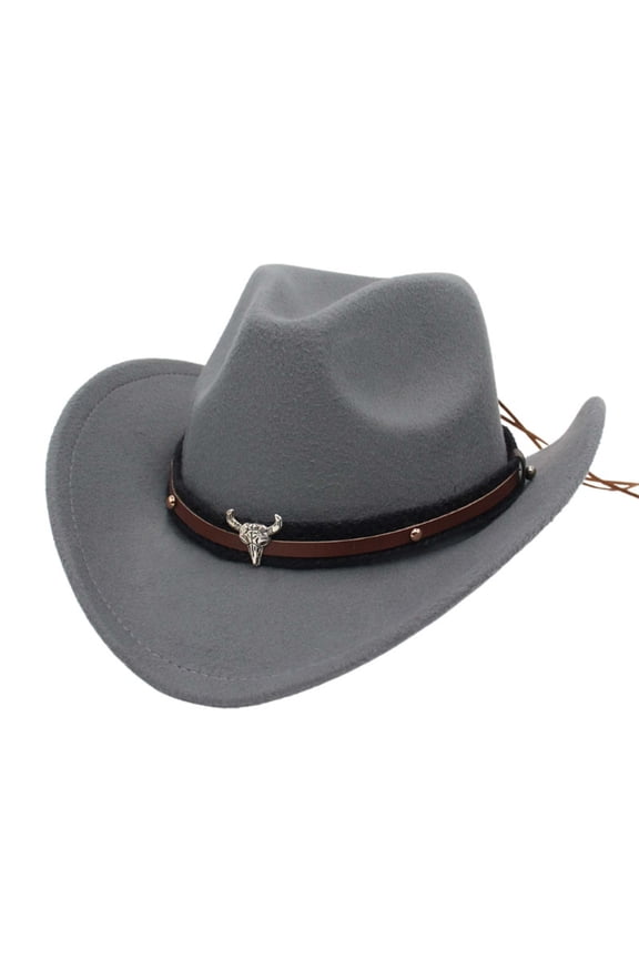 Western Cowboy Style Hat with Jazz Bowler Design Featuring Cow Head Decoration In Ethnic Style Grey