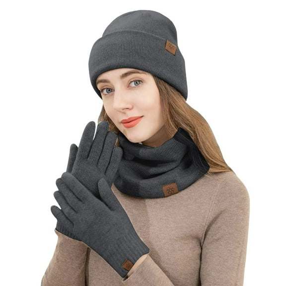 UJNDER Winter Adult Women's Hat Gloves and Scarf Set Three Piece Knit Brushed Outdoor Warm Accessories Dark Gray