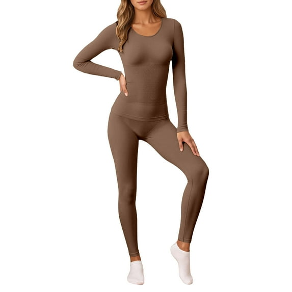 UJNDER Winter Seamless Thermal Underwear Warm Base Layer and Bottoms for Cold Weather All Day Comfort and Shaping Fit Thermal Underwear for Women Coffee L