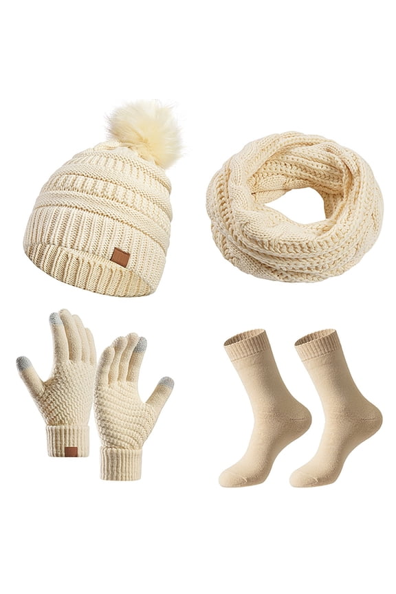 Winter Solid Color Warm Hat Scarf and Gloves Three Piece Set Accessories for Cold Weather Fashion Beige