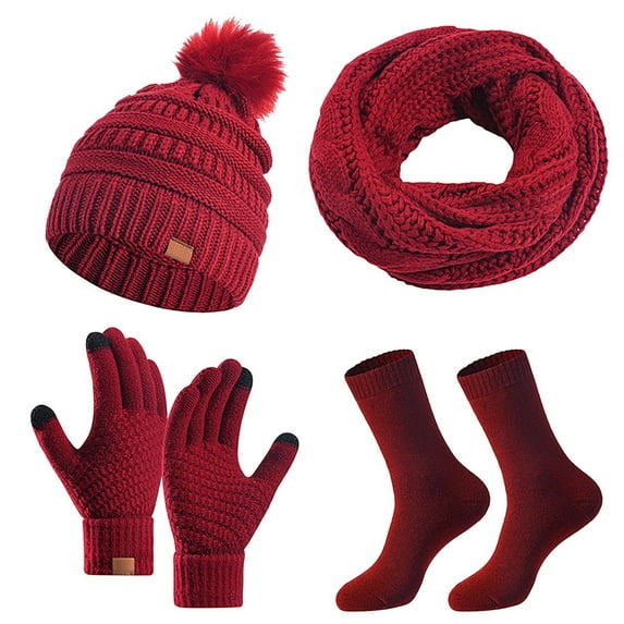 UJNDER Winter Solid Color Warm Hat Scarf and Gloves Three Piece Set Accessories for Cold Weather Fashion Wine
